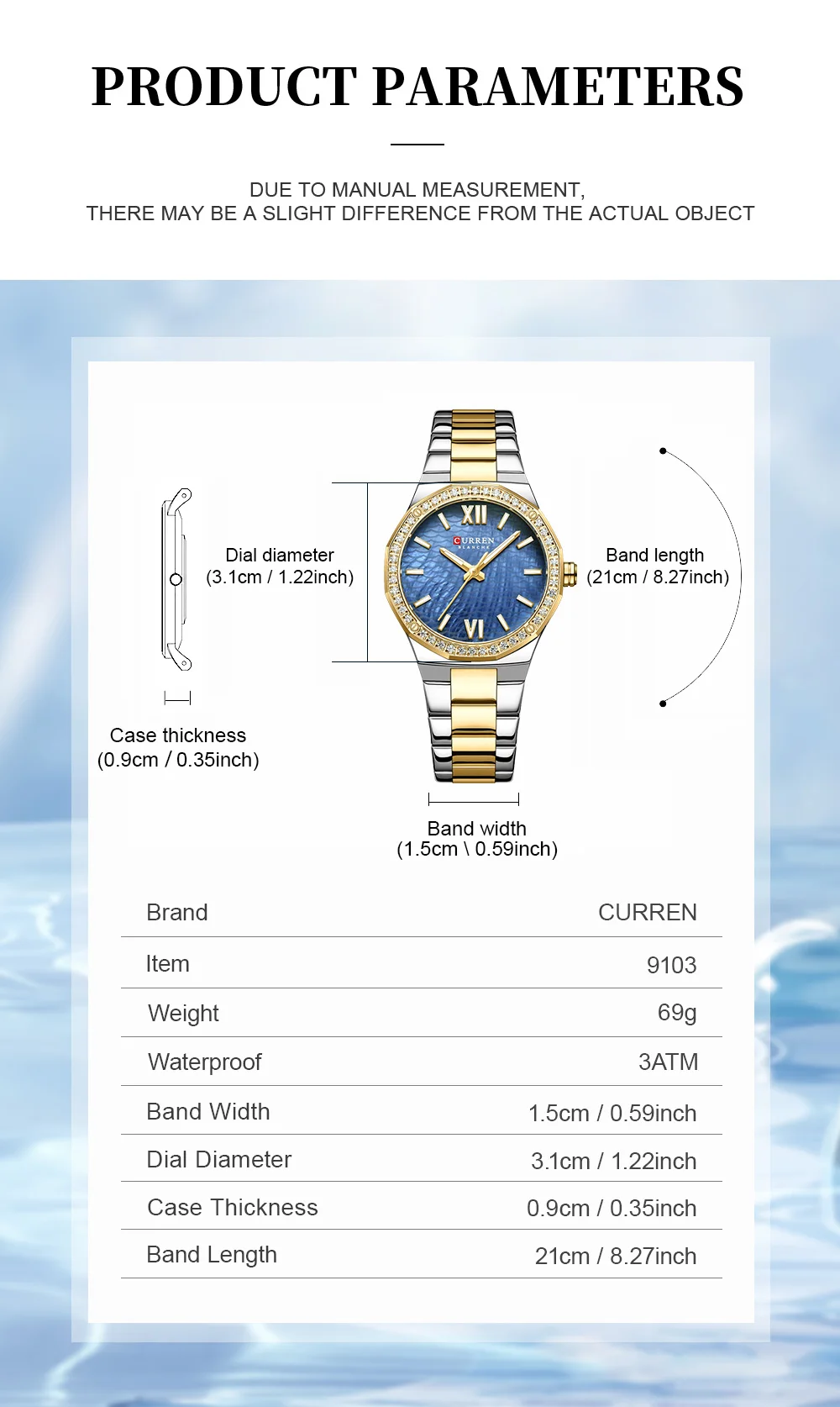 CURREN 9103 Elegant Rhinestone Ladies Watch Lightweight Luminous Quartz Watch Waterproof Stainless Steel Clock