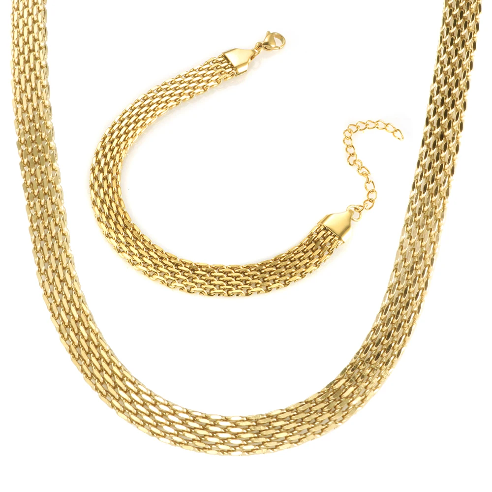 INS Retro 18k Gold Plated Stainless Steel Jewelry Minimalist Charm Mesh Belt Chain Wide Choker Necklace Bracelet for Women