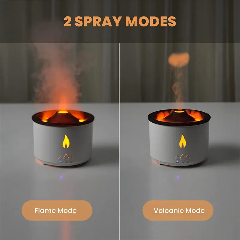 Simulation 3D Fire Flame Volcano Jellyfish Spray Aroma Essential Oil Diffuser Volcanic Humidifier with 2 Color for Home Office
