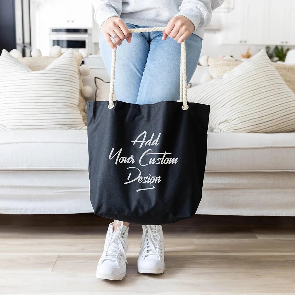 Custom Printed Logo Cotton Canvas Lady Tote Beach Bag Shoulder Shopping Bag With Cotton Rope Handle