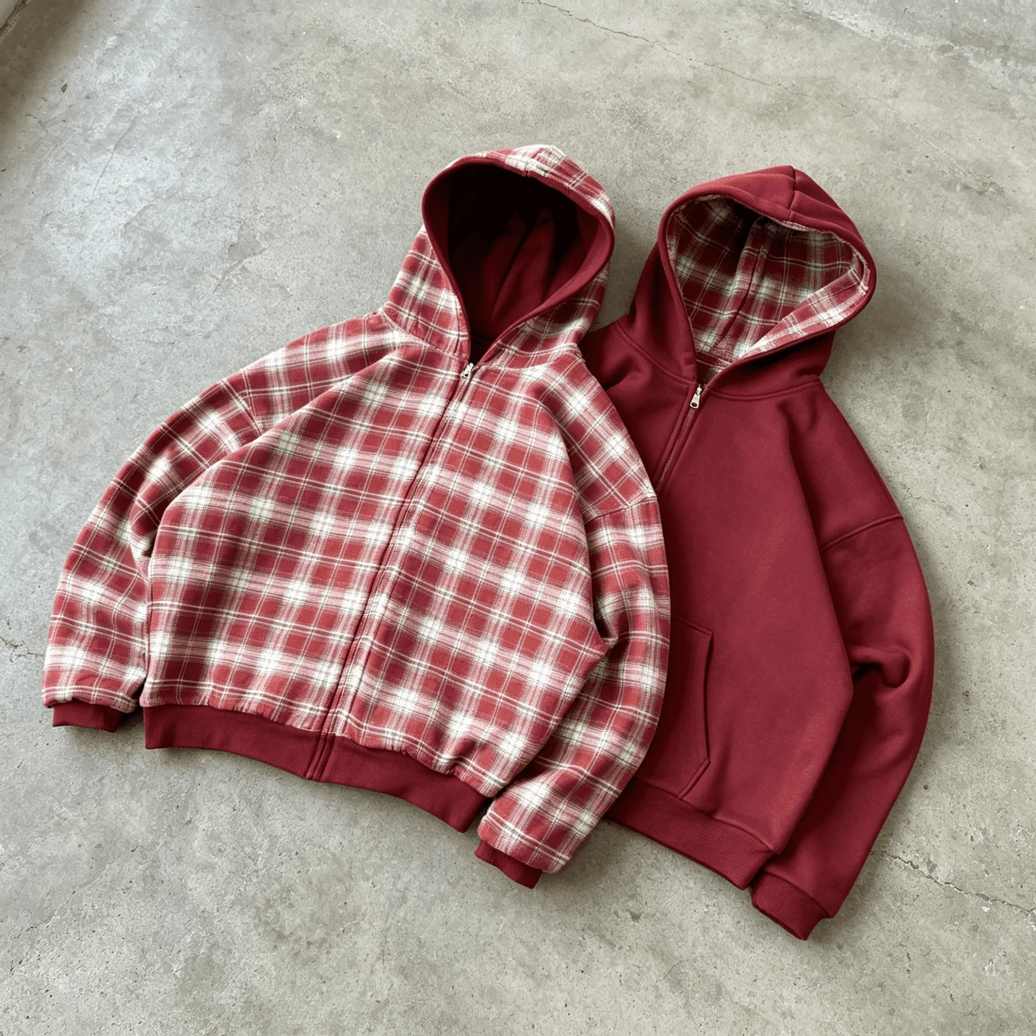 Custom Made Men's Reversible Flannel Checked Dropped-Shoulder Oversized Double-Zip Hoodie Y2K Streetwear gallery 2