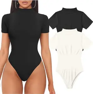 2026 for Hot-Selling European American Style Women's Solid Slim Fit Sexy Ribbed High Neck Short Sleeve Yoga Bodysuit