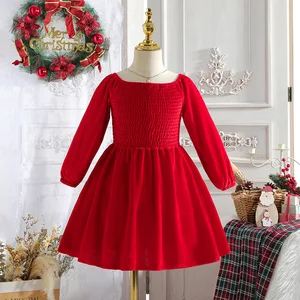 Foreign Trade Children's Wear Christmas Girl's Dress Autumn Winter New Velvet Crocheted Printed Long Sleeve Off-shoulder Dress