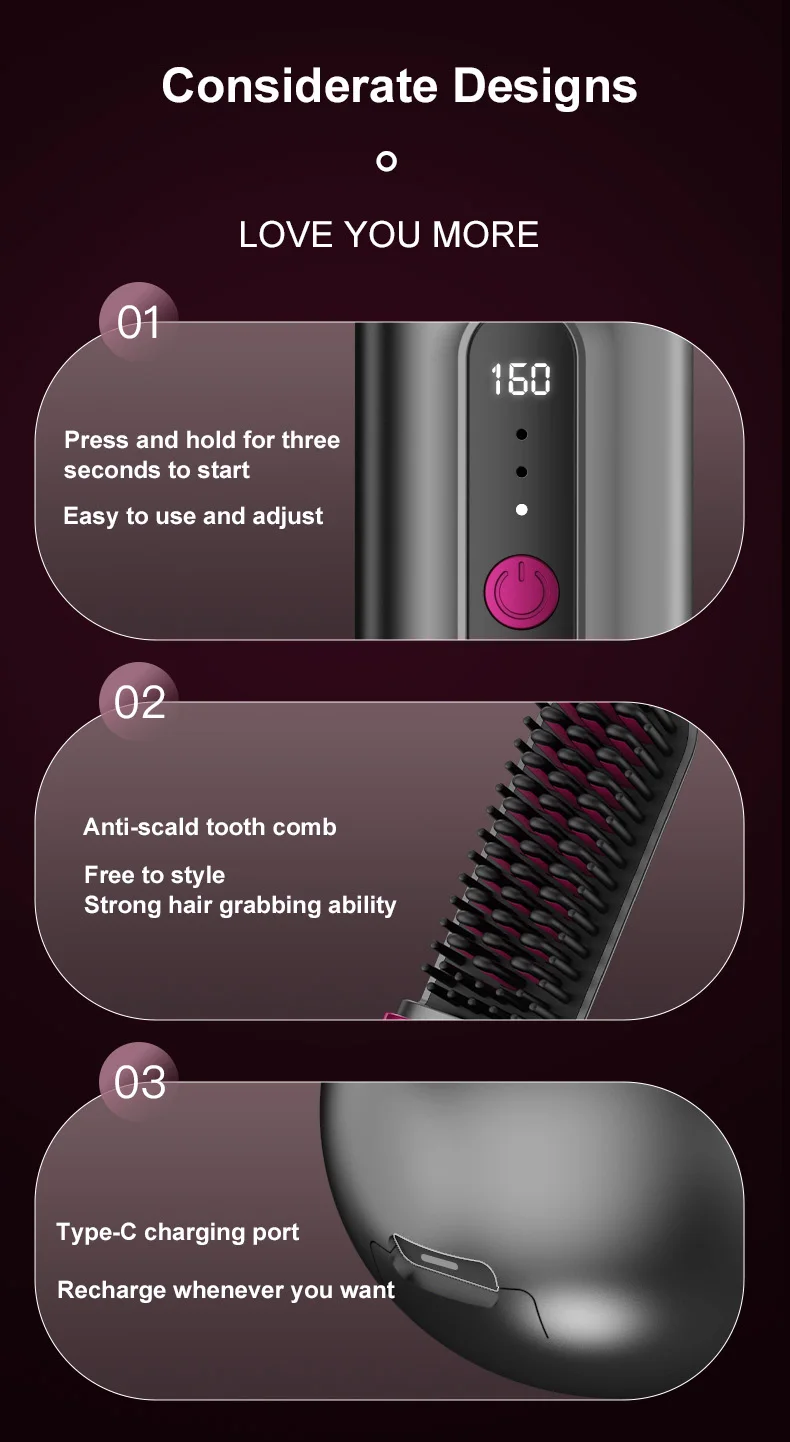 Professional Cordless Hair Straightener Comb LED Display Portable Wireless Rechargeable Hair Straightener Brush