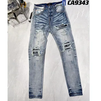 Mens fashion AMI European and American high street jeans men ripped patch slim fit men's Denim pants & trousers