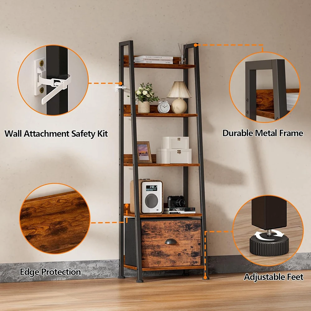 product nu deco mh26022 modern 5 tier ladder bookshelf removable drawer wooden metal freestanding storage for living room home office-1