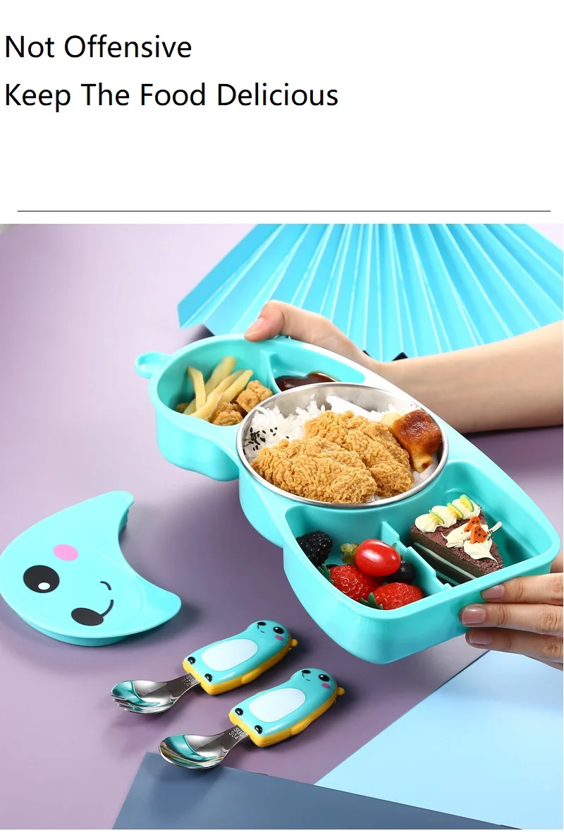 304 children cartoon pig bear dinner plate set stainless steel baby food supplement spoon and fork baby split lunch box