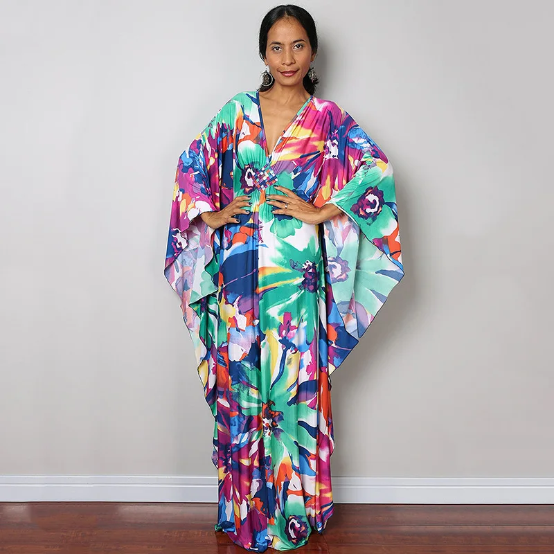 Luxury Women’s Beach Kaftan Cover Up – Colorful Print Maxi Dress with Bat Sleeves