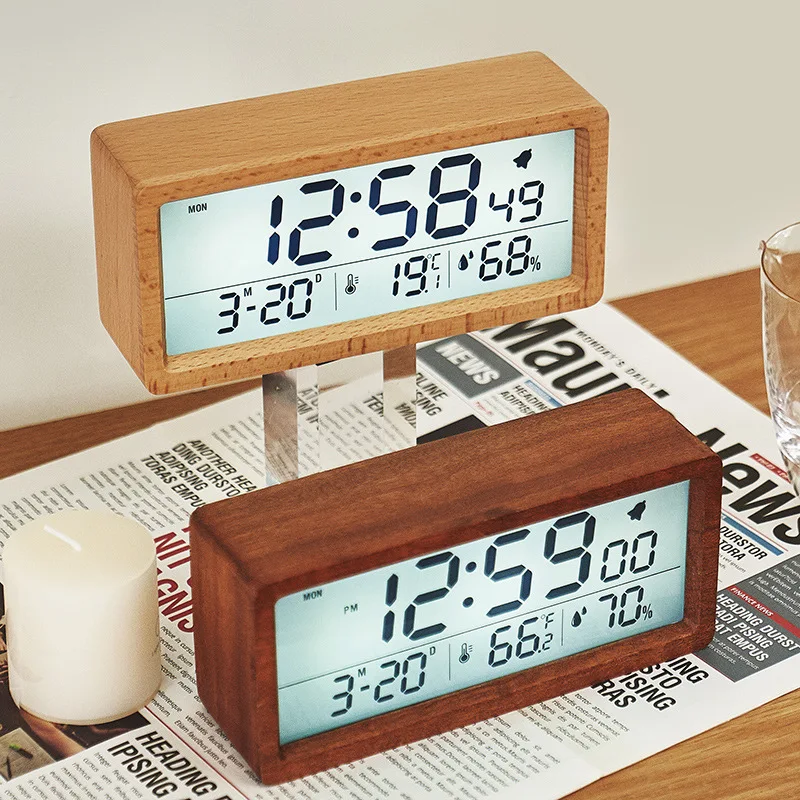 Safety and Environmental Sleeping Solid Wood Retro Large Screen Led Portable Temperature Humidity Silent Digital Desk Clock