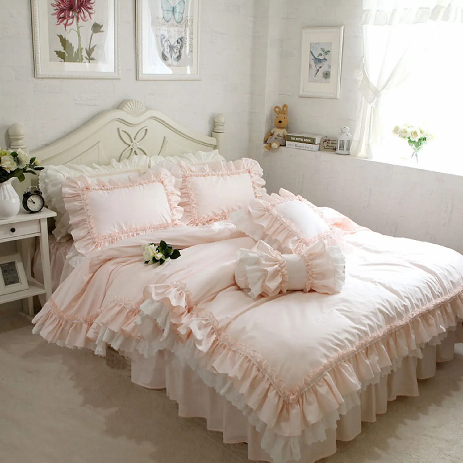 Set Sprei Pengantin Pink Bordir Halus Mewah untuk Perayaan Besar