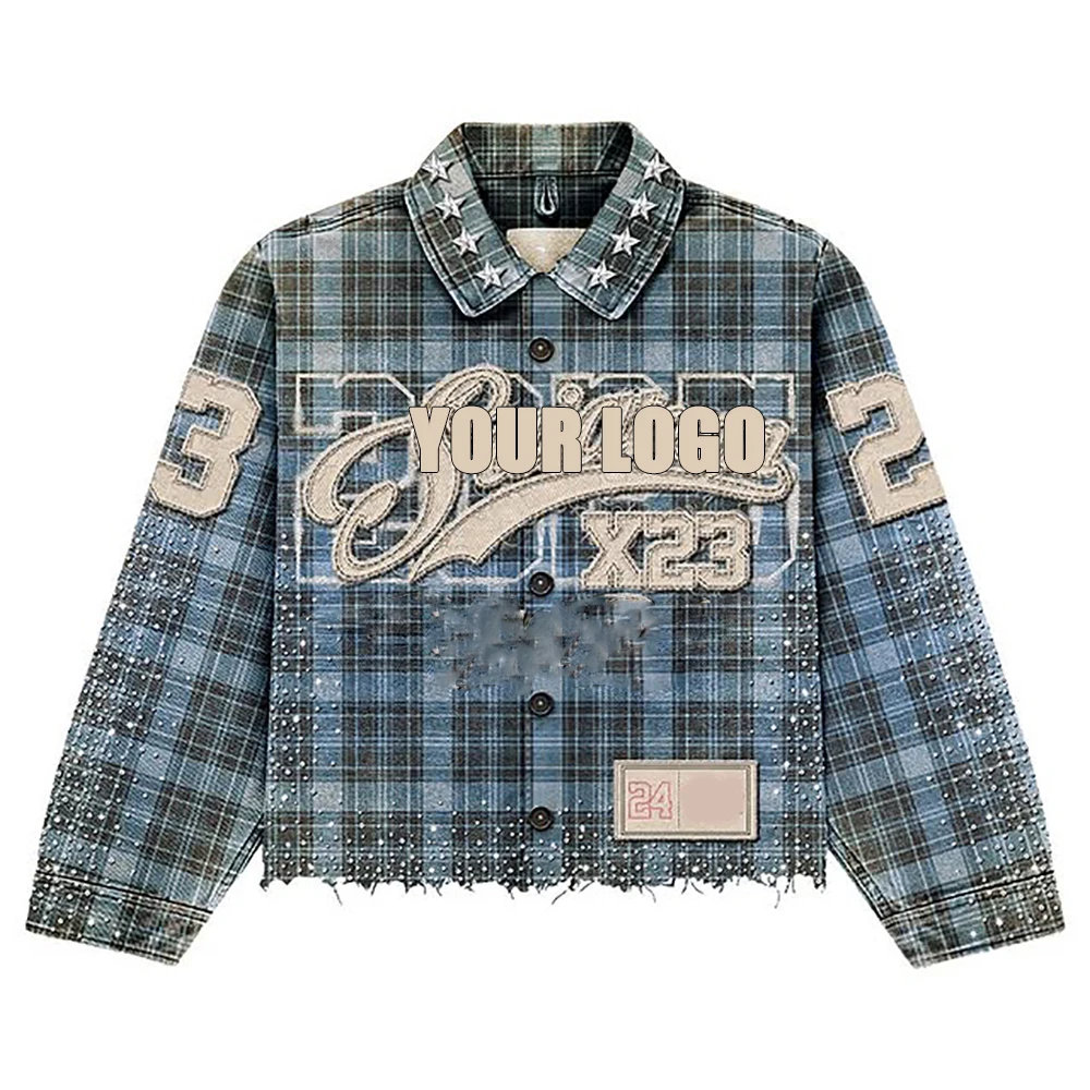 Streetwear Custom Patch Embroidery logo Distressed Vintage Wash Rhinestone Long Sleeve Plaid Shirts and Denim Shorts Set factory