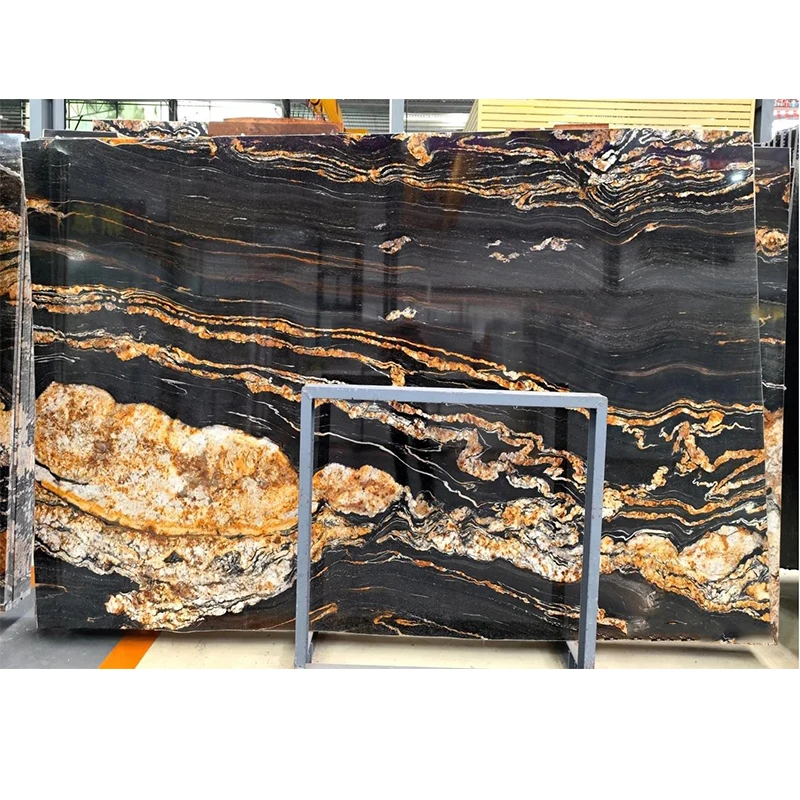 Losa de mármol Magma negro dorado pulido de primera calidad para decoración de encimeras de cocina con mármol negro y veta dorada. Producto de mármol.