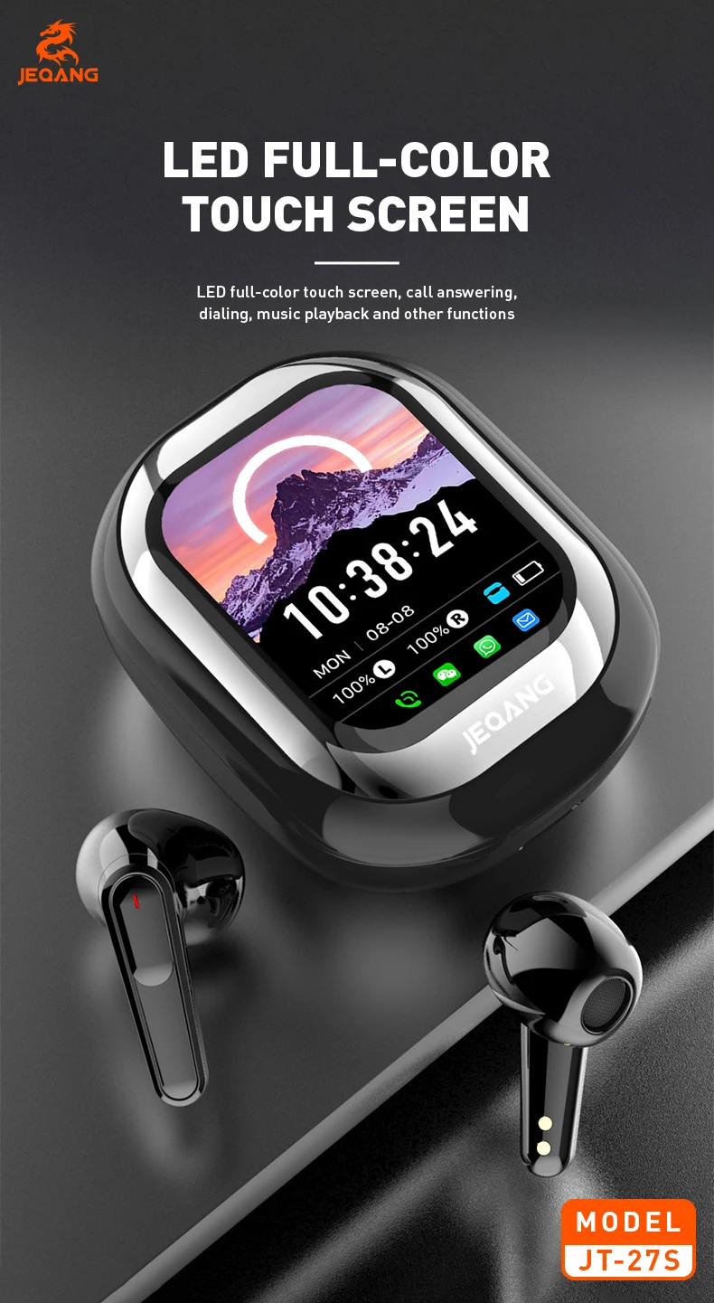 Jeqang-27S TWS BT Wireless In-Ear Earphones Smart Touch Screen Noise Cancelling Headphones Supports WeChat WhatsApp Messages