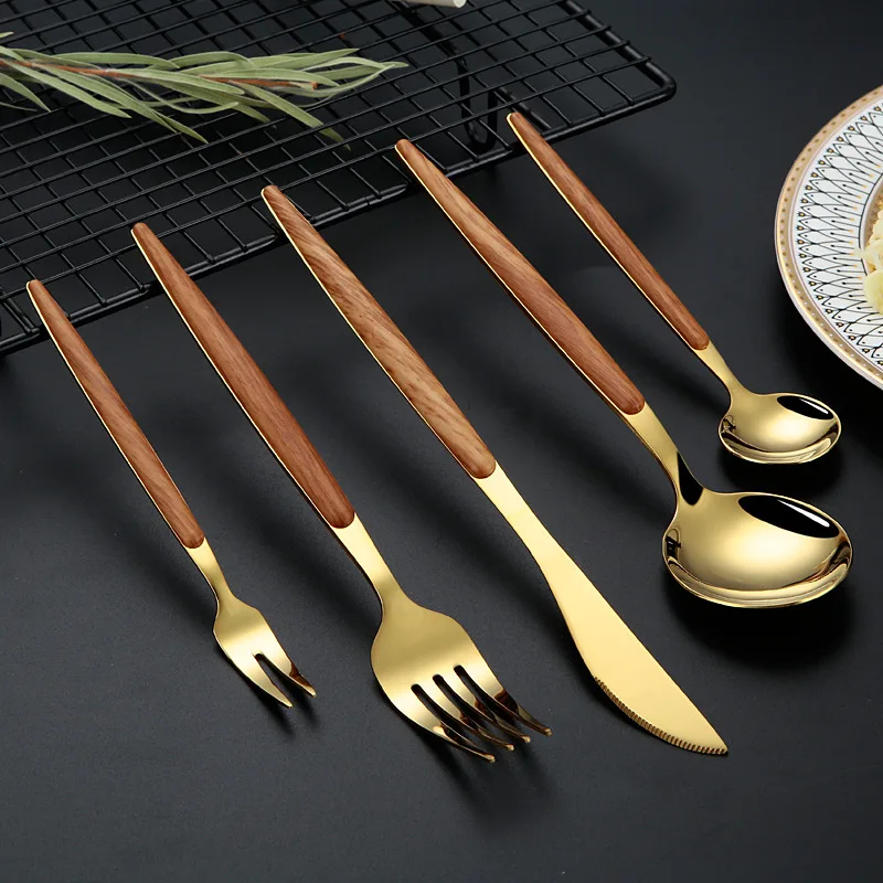 5pcs Custom Gold Utensils Spoon Fork Knife Flatware Metal Stainless Steel Gold Cutlery Set with Printed Wooden Handles