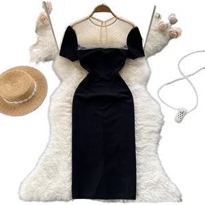 Customize Women's Summer Elegant A-Line Knee-Length O-Neck Lace Short Sleeve Dresses Polyester/Cotton Anti-Wrinkle Breathable