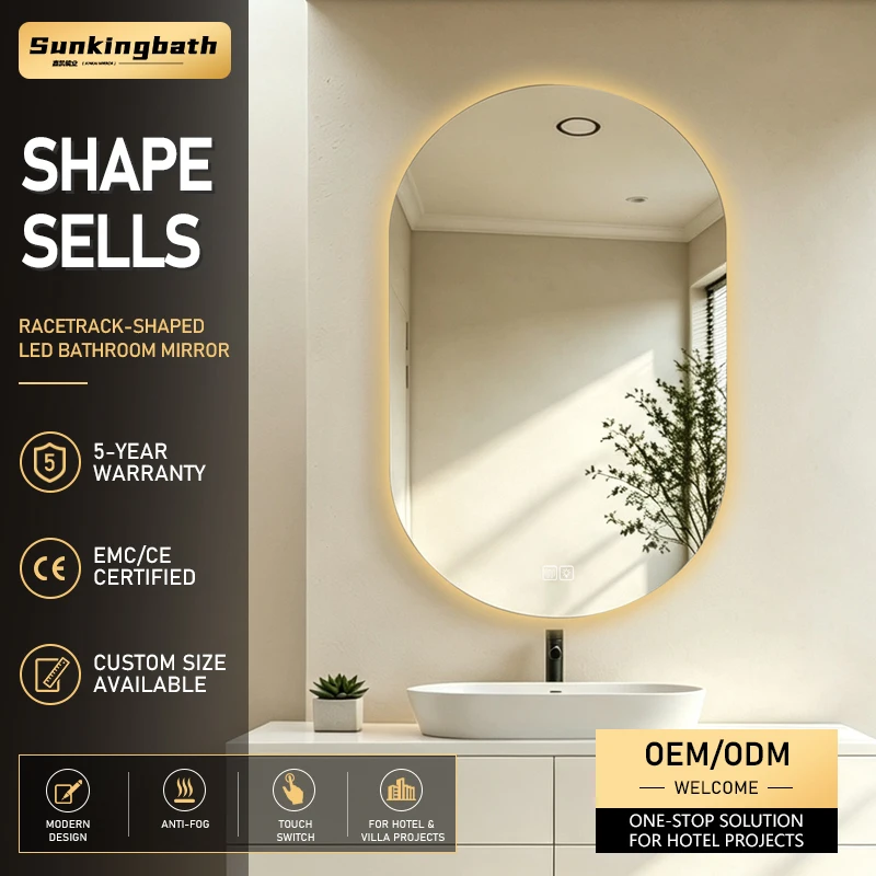 Modern Oval LED Bathroom Mirror Defogging Pad Touch Smart Mirror EMC Certified Bathroom Mirror with Led Light Touchless Anti Fog