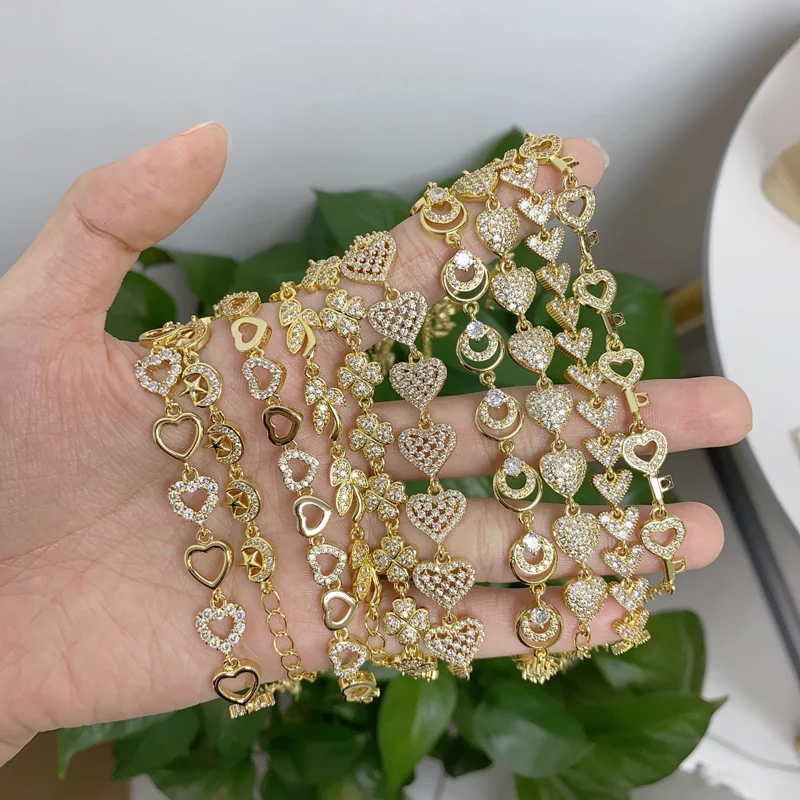 Shiny Fashion Zircon Bangles Multiple Styles Heart Star Moon Leaf Gold