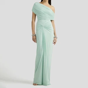 ZYHT 70125 Chic Light Green One Shoulder Pleated Summer Ladies Party Dresses for Women Long Modest Elegant Evening Gown