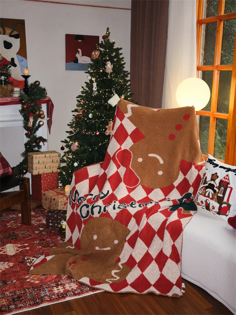 Christmas Gingerbread Man checker  100% microfiber yarn double side super cozy knit blanket supplier