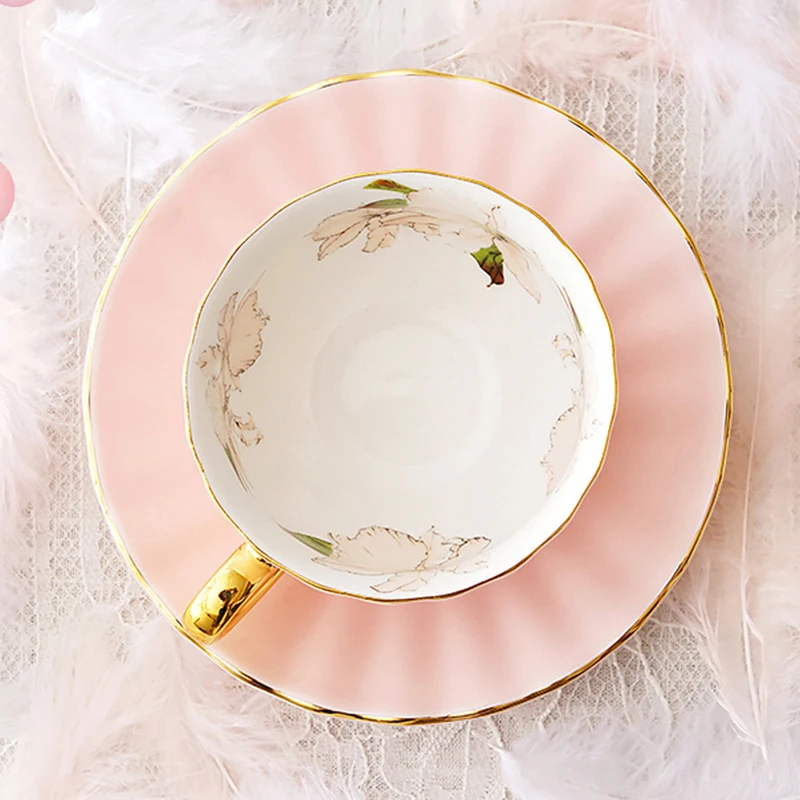 Lovely Fancy Color Flower Printed Bone China Cup Saucer Set Golden Handle  Porcelain Home Party Coffee Tea Cup and Saucer Set