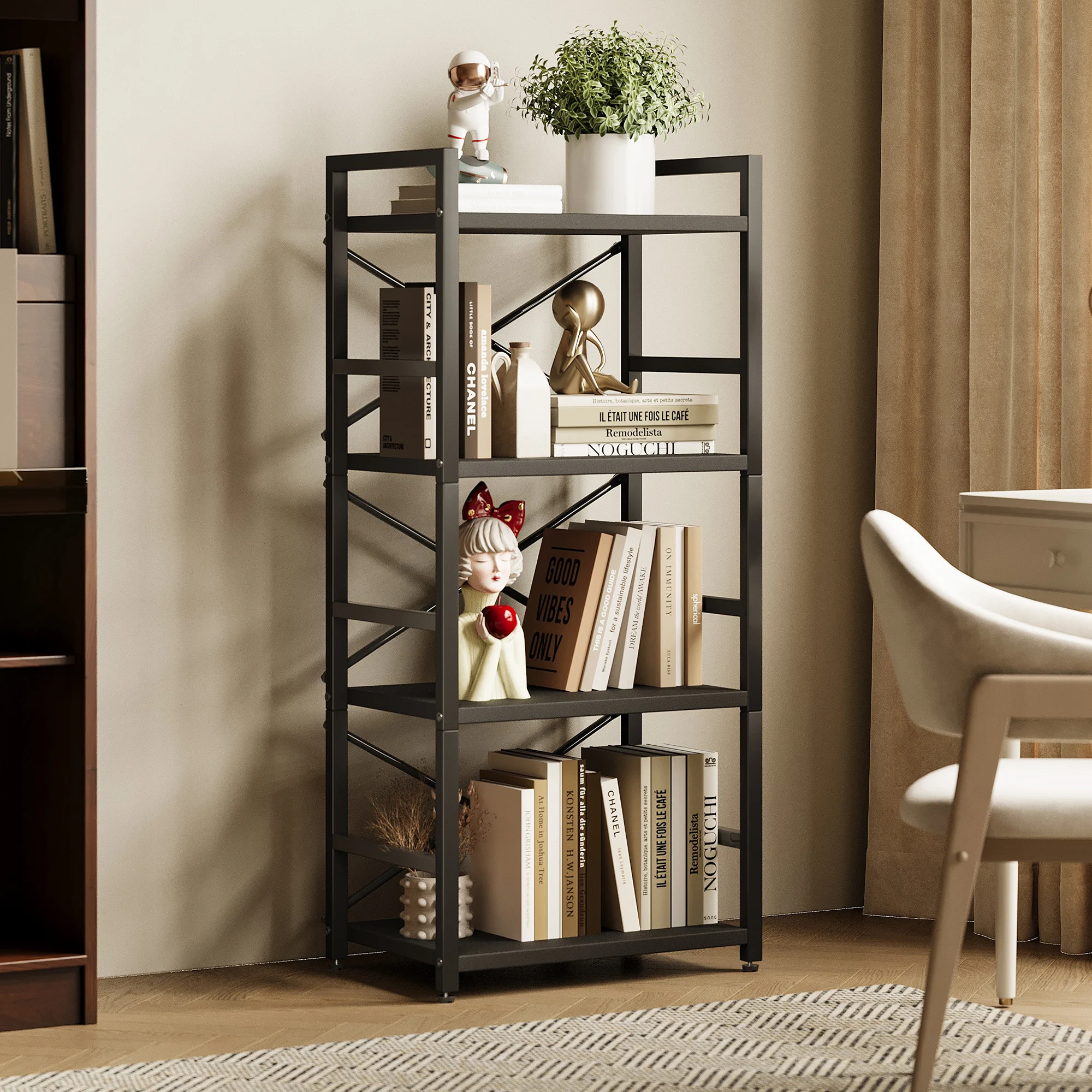 Bookshelf, 4 Tier Small Bookcase, Organizers and Storage, Metal Small Bookcase, Rustic Book Shelf Organization (Black)