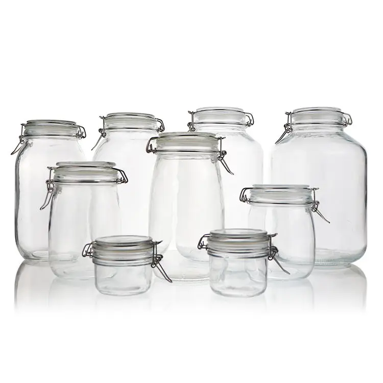 Factory Custom150ml 200ml 750ml 1000ml 1500ml 2000ml 3000ml 3800ml 5000ml Round Glass Seal Jars With Metal Locking Lid