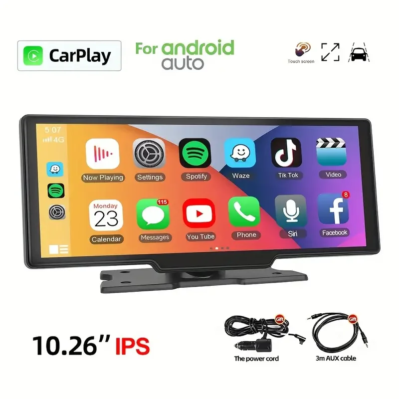 Portable Wireless Carplay& Android Auto Car Screen,10.26 Inch IPS  Touchscreen with 4K Dashcam and HD Back-up Camera Support