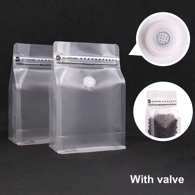 Custom Plastic Matte Frosted Transparent Clear Flat Bottom Translucent Coffee Bean Bags Packaging 250G With Valve and Zipper