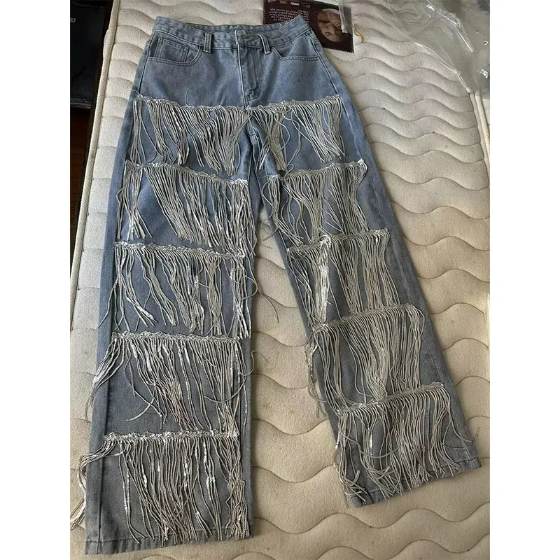 New High Street Fashion Women's Straight Jeans for Sehe with Tassel Design Sequin Embellished Breathable Denim Pencil Pants