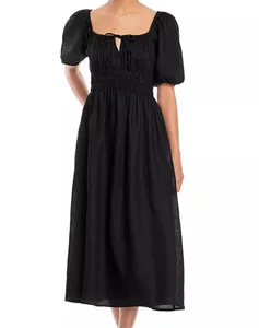 Custom Women's 100% Natural Linen Midi Dress Solid Style with Sweet Lantern Sleeve and Square Neck Eco-Friendly