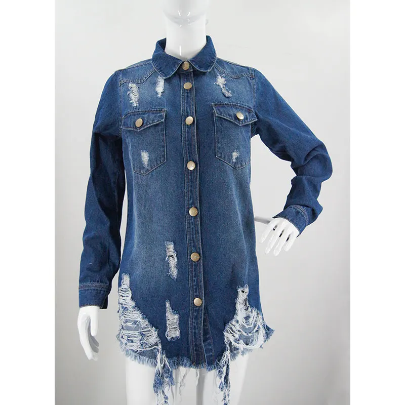 Cele mai vândute bluze casual pentru femei, din denim, cu mâneci lungi, tăiere largă, guler dantelat, model unicolor, top direct la vânzare în cantitate mare