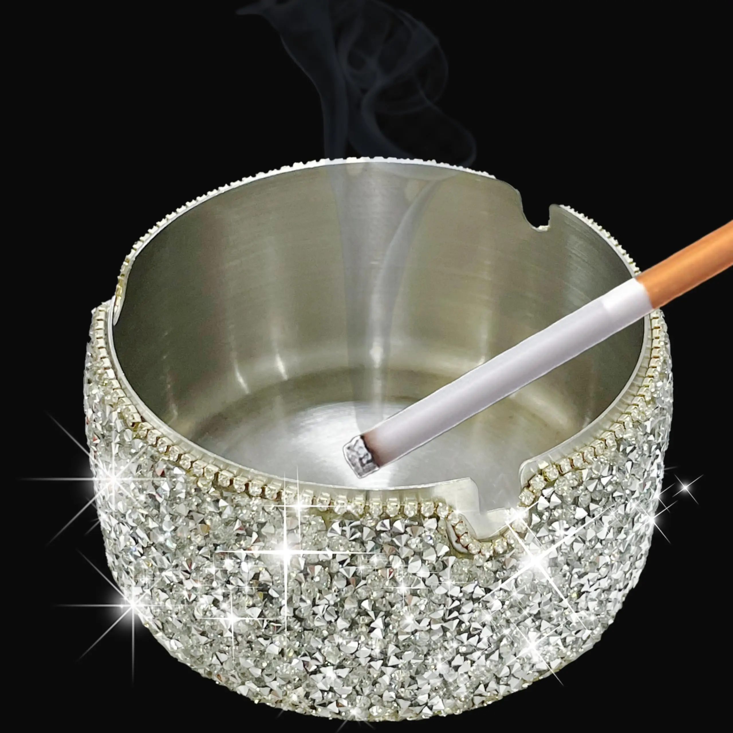Sparkling Silver Ashtray - Bling Diamond Rhinestone Decor