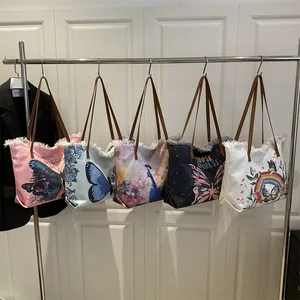 2026 New Fashionable Canvas Bag Butterfly Pattern Shopping Bag with Zipper Large Capacity Single Shoulder Tote Bag