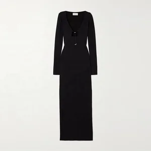 Clothing Manufacturer Custom Spring Summer V Neck Long Sleeves Casual Black Dresses Elegant Women