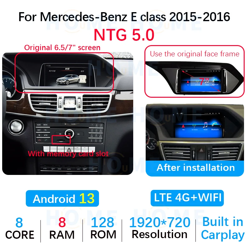 OEM 7" Wireless Carplay Android 13 MTK 8259 GPS Navigation Touch Screen Multimedia Player for Mercedes Benz E Class 2010-2015