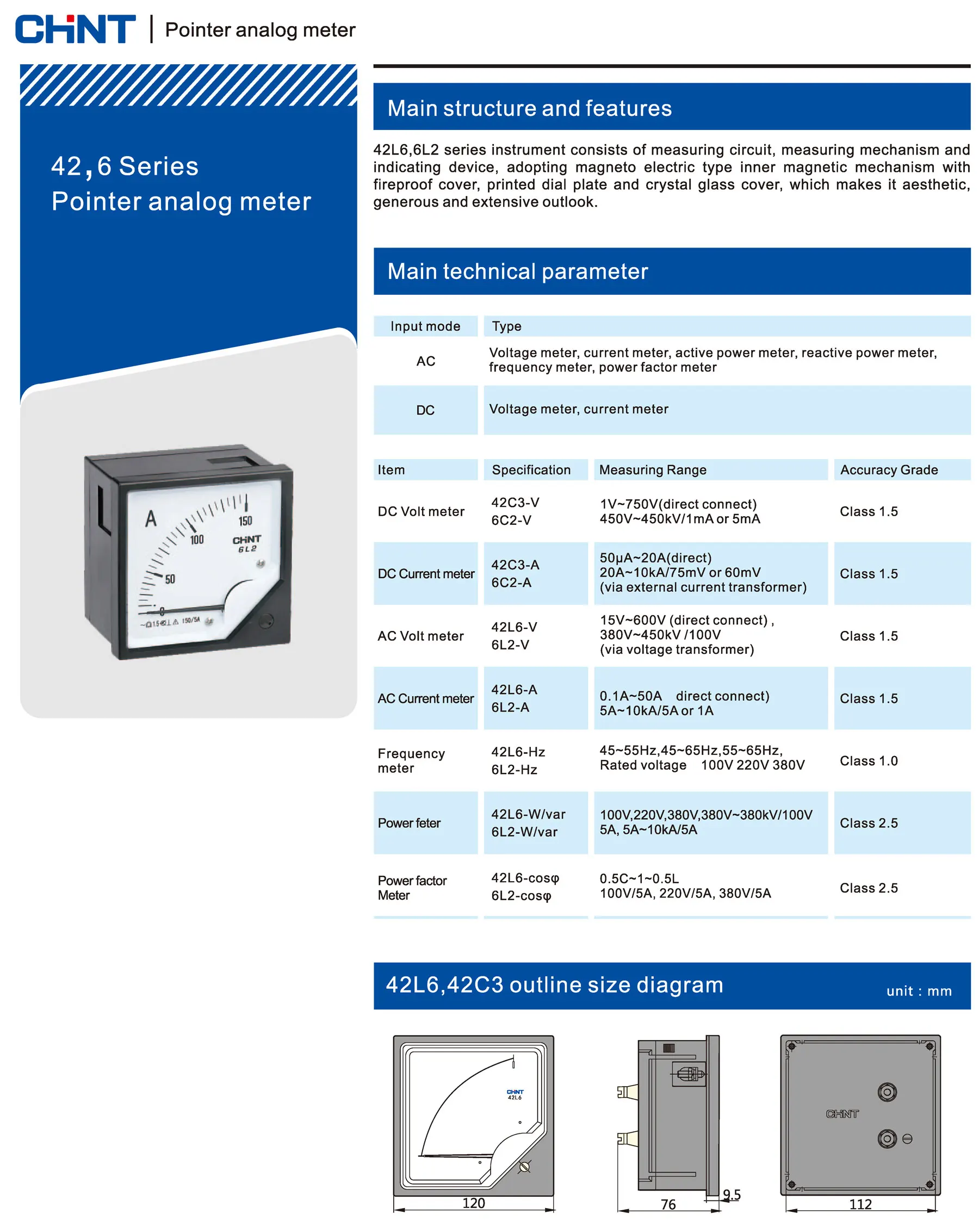 Chint 6L2-V 250V 300V 450V 500V Voltmeter 6L2-A Ammeter 6L2-Hz 45-55Hz 45-65Hz Frequency Meter 6L2-W Power meter Analog Meter