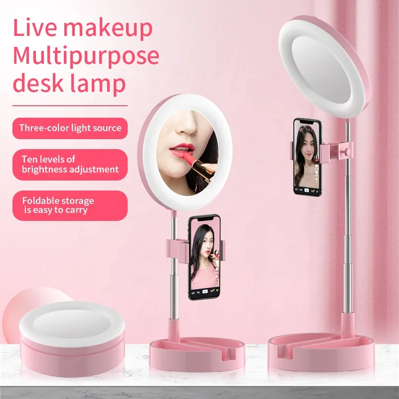 Folding ring lamp easy to carry selfie ring light phone holder  with mirror for make up