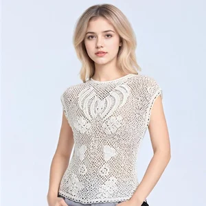 French-Style Floral Hollow-Out Crochet Knit Short Vest T-Shirt Slim Fit Elegant Round Neck Sleeveless Summer Casual Women Top