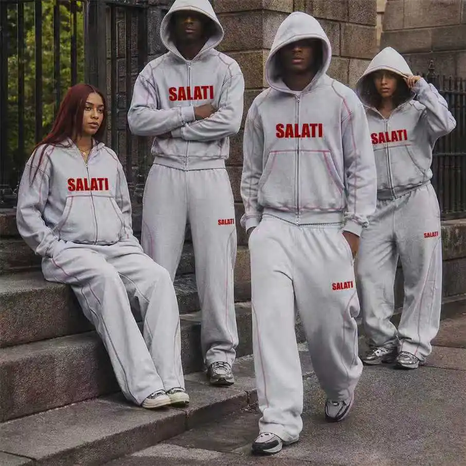 Wholesale Gray Zip up Hoodie Wide Leg Sweatpants Oversized Loose Fit Matching Casual Y2K Streetwear Unisex Tracksuit Set