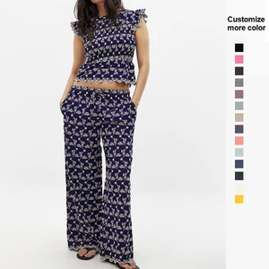 Custom Made Eco-Friendly Rayon Crop Top Embroidery Trouser Co-ord Set for Women Floral Printed Streetwear Women's 2 Piece Sets