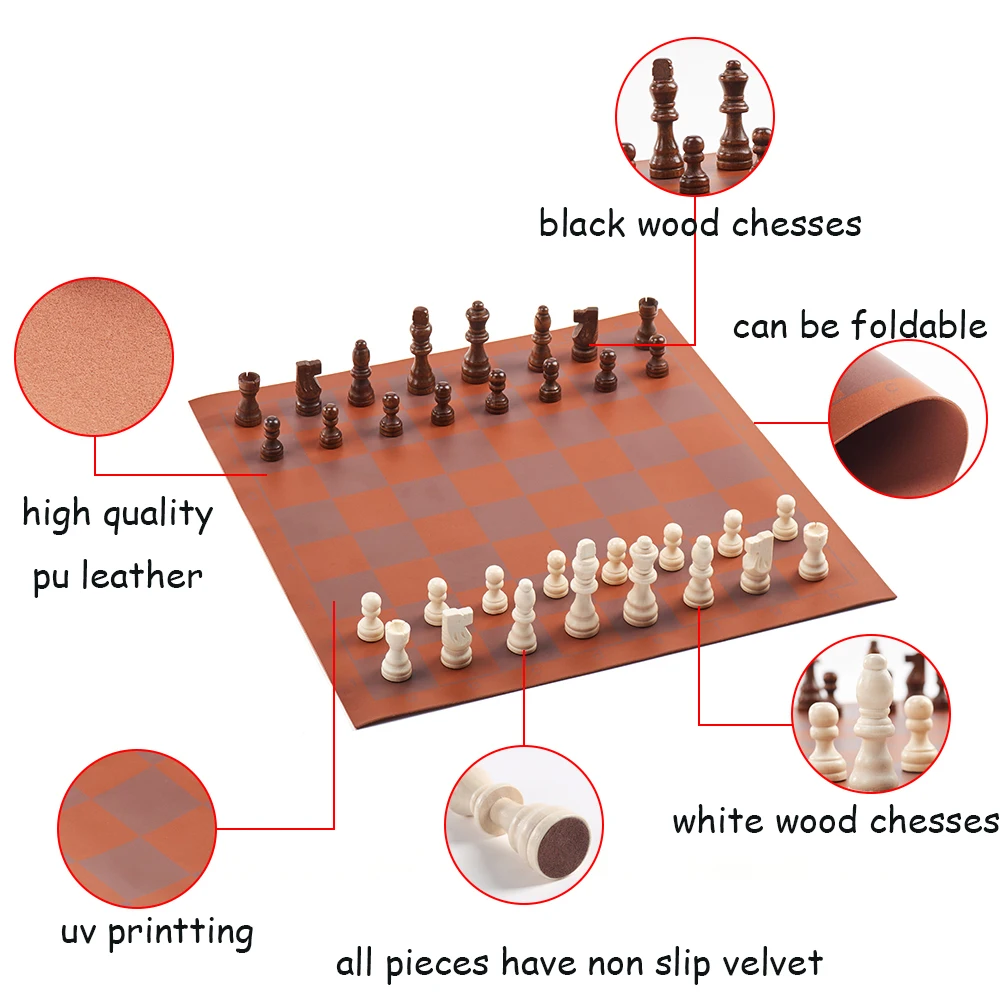 Custom Leather Tournament Chess Board Game Bag Professional Portable Luxury Travel Roll up Chess Set with Shoulder Strap