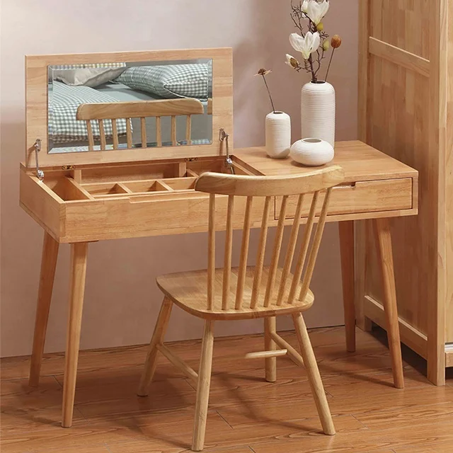 Solid Wood Vanity Table with Flip Top Mirror with 6 Organizers for Different Sized Accessories