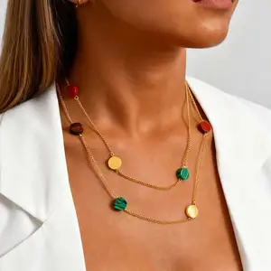 Round Natural Stone Decoration Necklace Jewelry Gold Plated Stainless Steel Long Stacked Necklaces