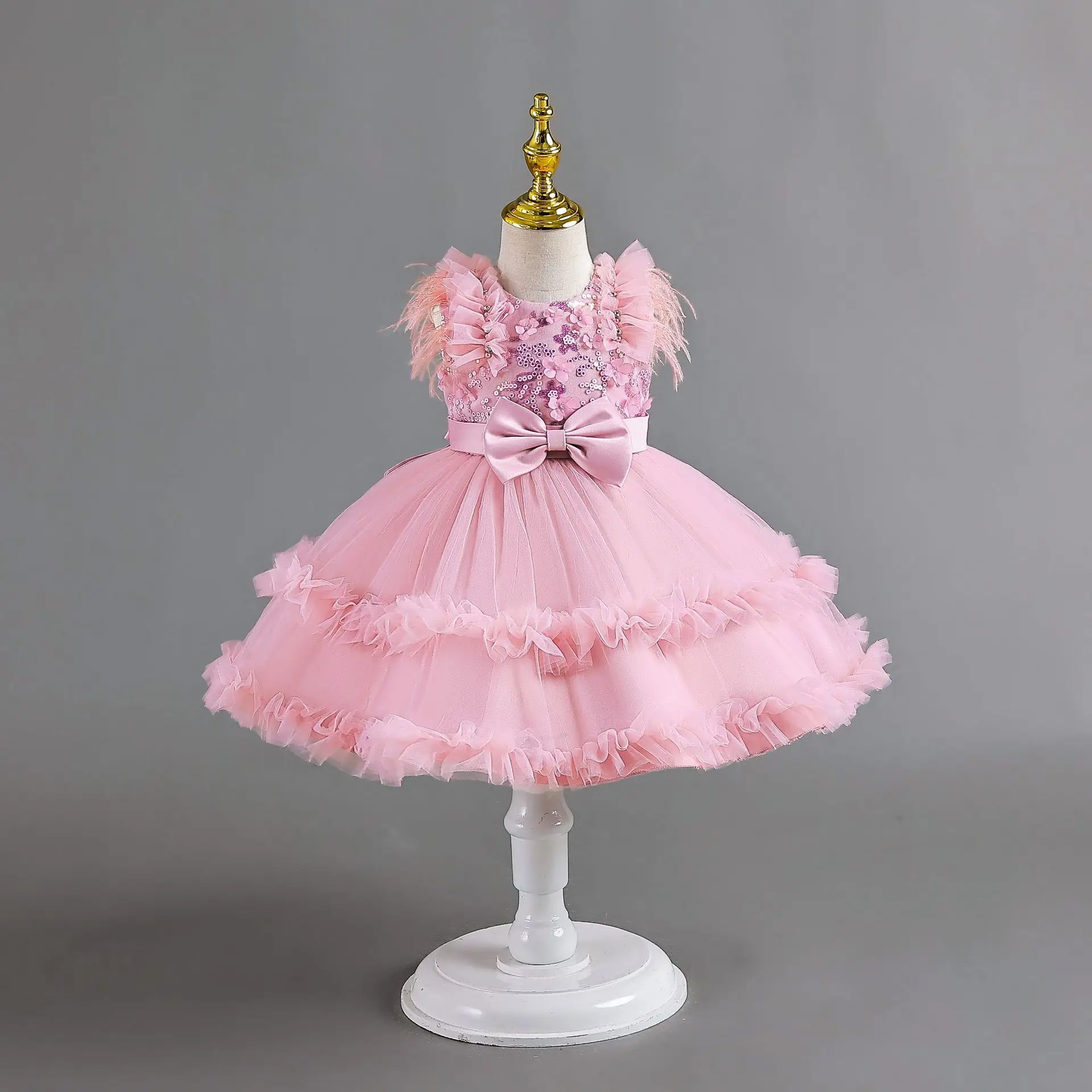 Tulle Baby Girl Party Dresses Newborn 1 Years Birthday Bowknot Evening Princess Kids Girls Flower Wedding Bridesmaid  Dresses 2