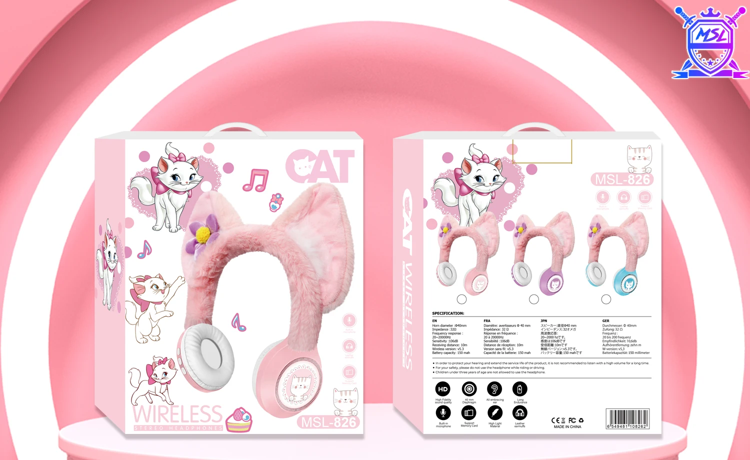 Écouteurs sans fil MSL-826 Nouveau casque Headworn Cartoon avec indicateur de batterie LED