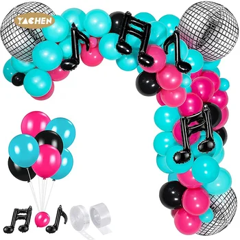 YACHEN Tik Tok Music Theme Birthday Party Decorations Disco Ball Rose Red Blue Black Latex Balloon Garland Arch Kit