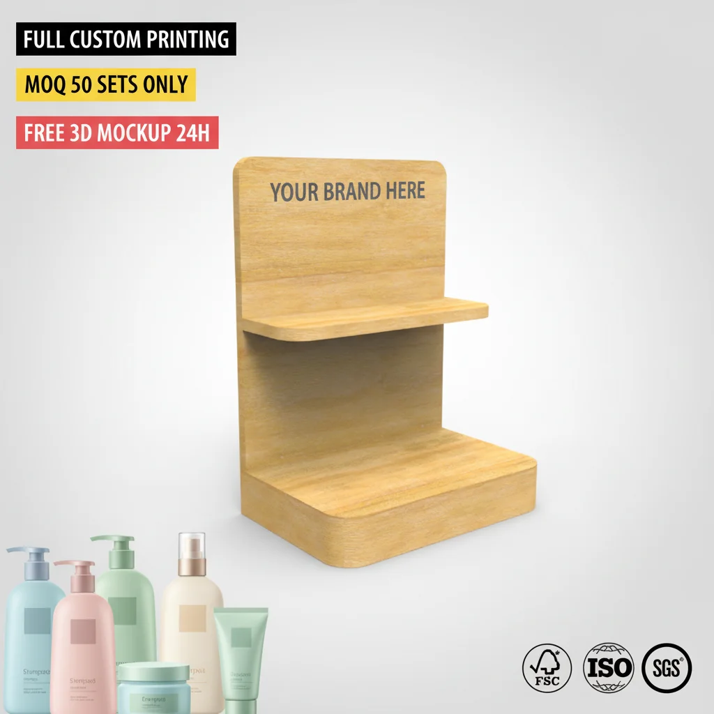 Custom Pine Shampoo Counter Holder  Body Care Rack for Small Beauty Retail Store
