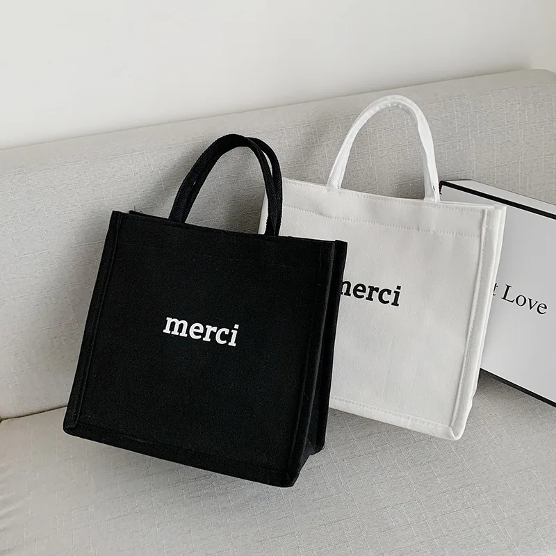 Source Black Tote Bag Custom Logo Merci Shopping Bag Pure White Small Size  Luxury Fashion Bag on m.