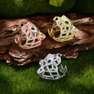 Hiphop Style Micro Diamond Rhodium Plated 925 Sterling Silver Fine Men Ring New Exaggerated Leopard Head Design for Weddings