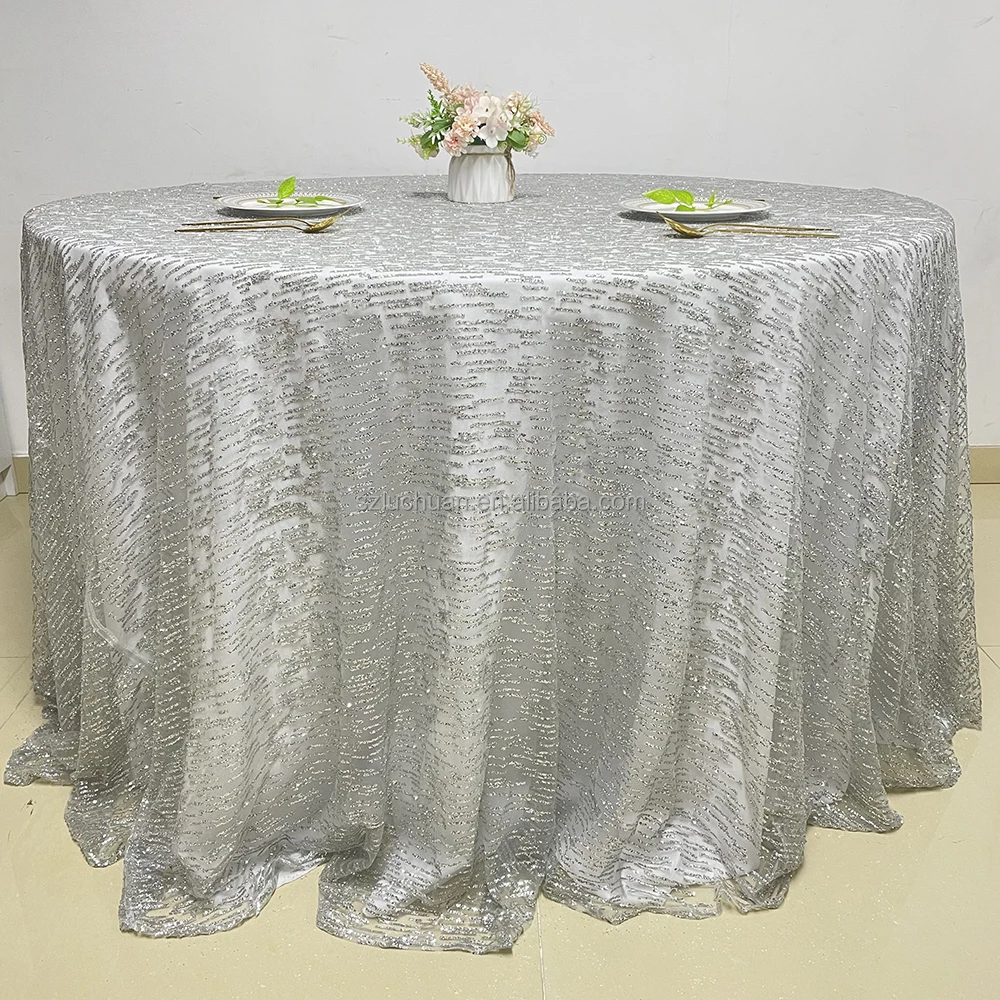 Оптовая продажа серебряная круглая настольная одежда скатерть с блестками свадебная